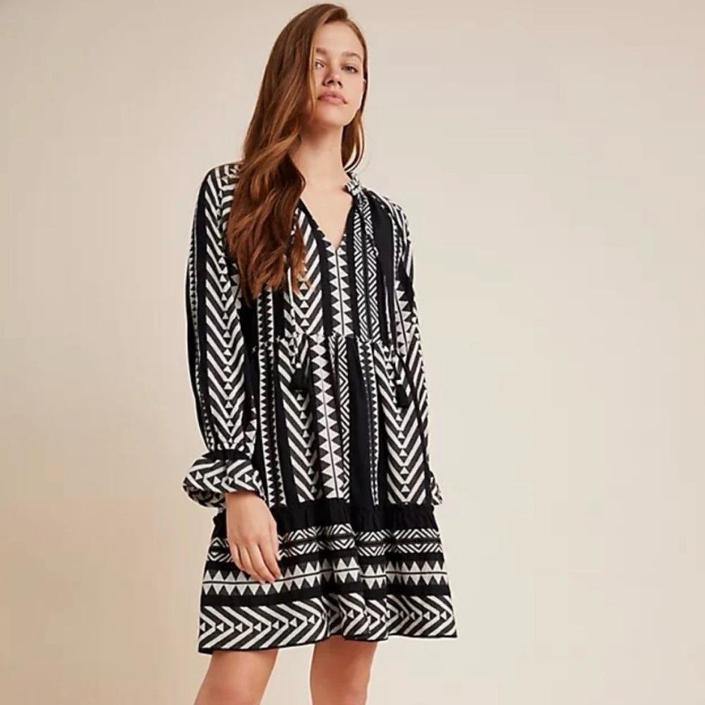 Anthropologie Dominique Tunic Dress Maeve Small S Black White Tribal Print Women